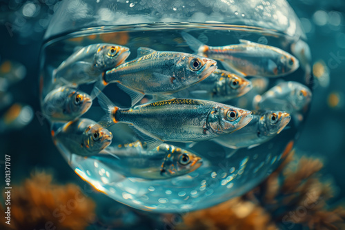 A scene depicting a school of sardines swimming tightly together in a small round aquarium, contrasted with the open ocean,