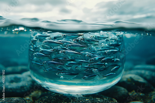 A scene depicting a school of sardines swimming tightly together in a small round aquarium, contrasted with the open ocean,