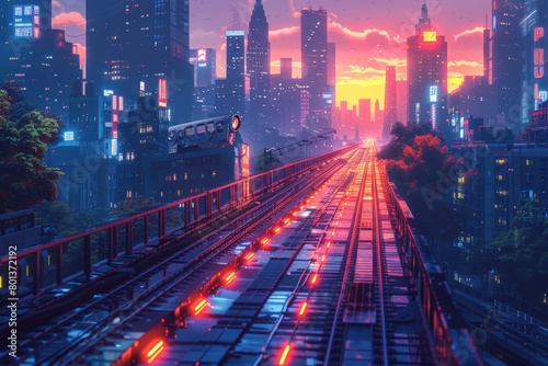 Elevated train gliding through a neon-lit urban district, flanked by buildings with integrated solar panels, portraying futuristic transit solutions in an energy-efficient city.