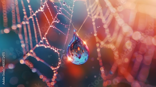 A dewdrop clinging to a vibrantly colored spiderweb, capturing the morning sunlight and tiny insects trapped within 