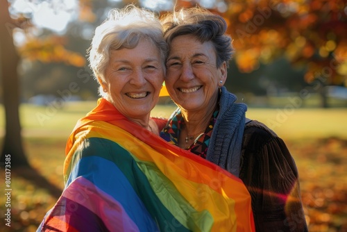 Portrait of a happy senior lesbian couple with a rainbow flag draped over their shoulders, park setting, sunny day, , moody lighting