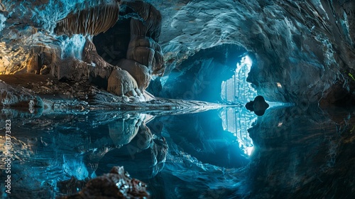 Otherworldly panoramic vista within the enigmatic Davetashka cave in Bulgaria, evoking an extraterrestrial atmosphere.