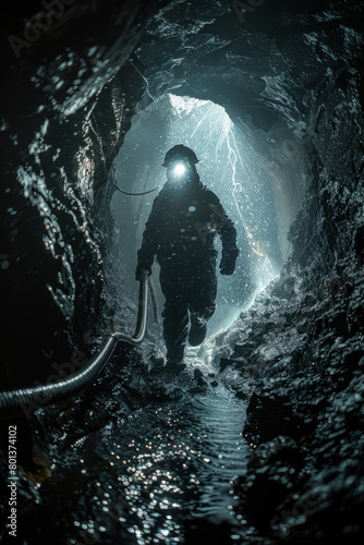 An image of a coal miner with a headlamp, cautiously navigating through a narrow underground passage,