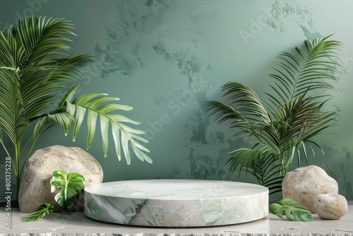 A marble podium with tropical leaves and rocks on a green background.