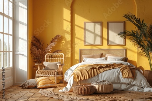 Home mockup, light yellow bedroom interior background with rattan furniture and empty frames, Coastal style, 3d render
