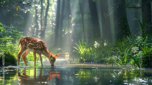  A deer bends to drink from a forest pond, surrounded by tall grass and towering trees