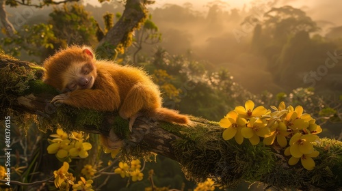  Monkey naps on tree branch, surrounded by yellow flowers in foreground, fog shrouds background