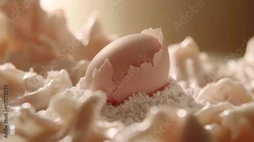  A broken egg atop a mound of shredded white paper, resting on an underlayer of similarly shredded paper