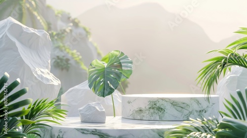 White marble podium with green leaves and plants on a misty mountain background.