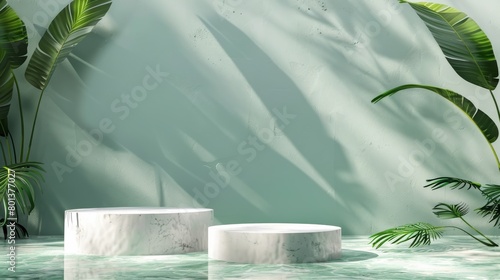 3d rendering of a green background with marble podiums and banana tree leaves