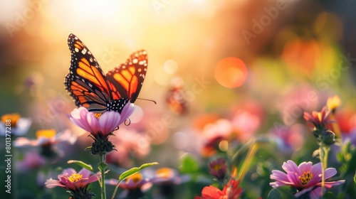  A close-up of a butterfly sipping nectar from a flower amidst a field filled with blooms, with the sun casting golden rays behind