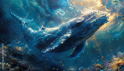 A blue whale swims through a coral reef.