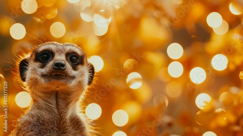  A meerkat gazes at the camera against a softly blurred backdrop of twinkling lights