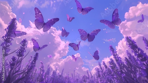  A group of purple butterflies flies above a lavender field, with lavender flowers in the foreground