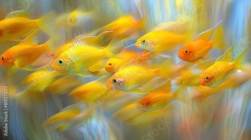  A school of small yellow fish swimming in a larger yellow fish congregation