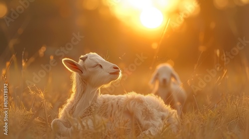  A baby goat naps in the grass; sun filters through trees, revealing another baby goat behind