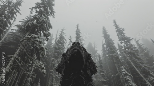  A black-and-white image of a dog posed before a grove of tall trees in a foggy forest