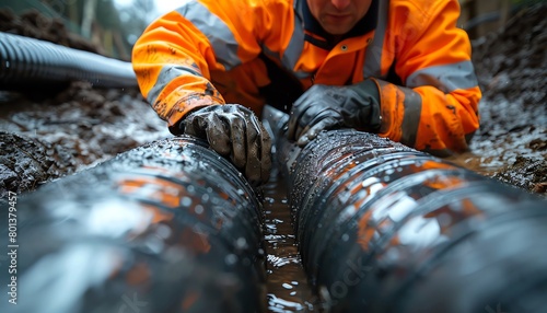 A worker wearing protective gear is joining two large black pipes together in a muddy trench.