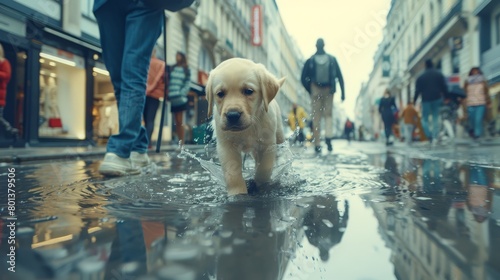  A tight shot of a dog trotting on a slick street, while people pass by on the opposite sidewalk