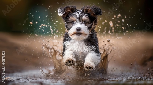  A small black-and-white dog joyfully runs through a puddle, its front paws elevated