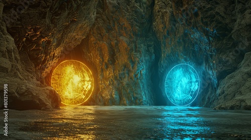 Two portals positioned opposite each other in a mountain cave, emanating magical symbols and vibrant glows—evoking a sense of enchantment and wonder. 3D Render
