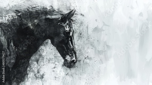  A monochrome image of a horse's head adorned with a paint splash