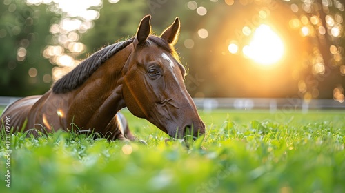  A tight shot of a horse reclining in a lush grass field Sunlight filters through nearby trees