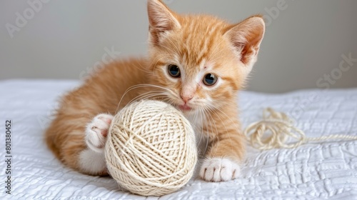  An orange kitten engages with a ball of yarn on a pristine white bedsheet against a gray backdrop, featuring a gray wall