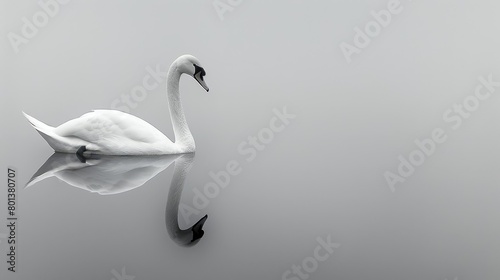  A black-and-white image of a swan in the water Its head is turned to the side, mirrored in the water's tranquil surface