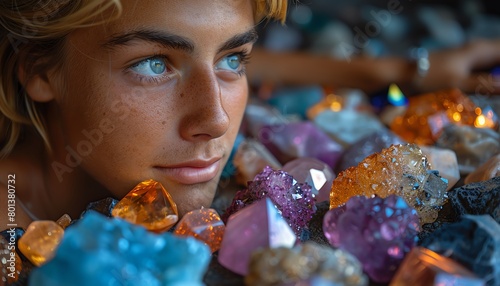 Blue eyed boy laying in a pile of colorful crystals