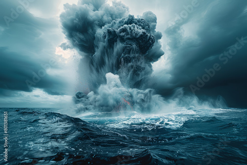 A stylized underwater volcanic eruption, with abstract lava flows and ash clouds under the sea,