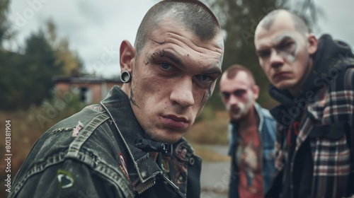 Three intense young men with unique hairstyles and face tattoos in an outdoor, slightly blurred background.