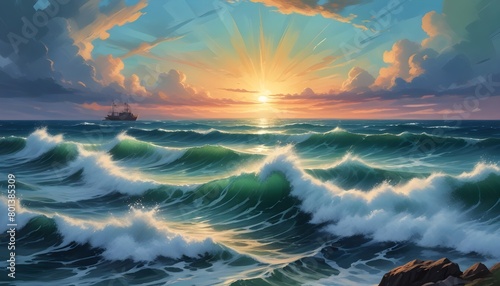 Vivid Seascape Digital Artwork with Dramatic Waves