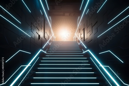 Futuristic corridor with neon lights, geometric patterns, and bright staircase leading to unknown destination