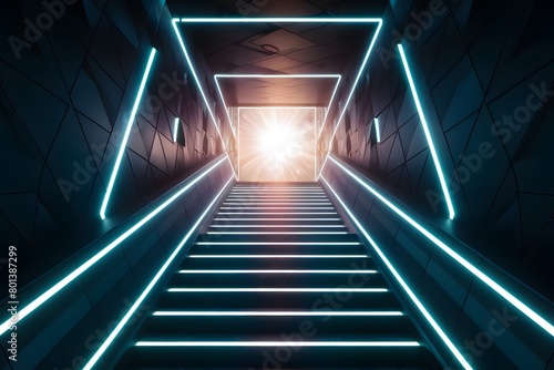 Futuristic corridor with neon lights, geometric patterns, and bright staircase leading to unknown destination