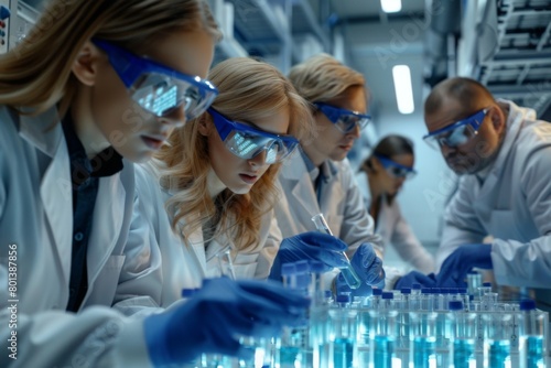 A group of scientists in lab coats and goggles stand around an advanced laboratory table, discussing the test tubes filled with blue liquid. The background is white walls, modern equipment