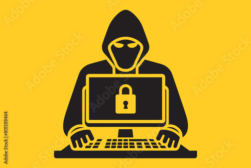 Hacker hacking a computer. Danger on the Internet. Hacking a private account. Simple black icon, vector illustration
