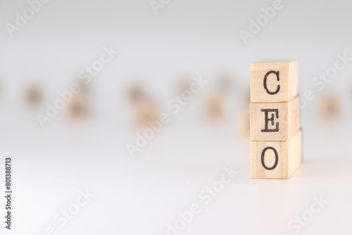 Acronym CEO written on wooden cubes isolated on white background . Concept text for chief executive officer