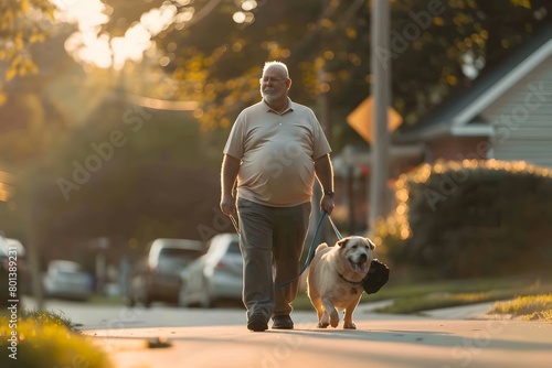 Portly Middle Aged Man Walking His Dog in Suburban Neighborhood with Soft Golden Hour Lighting