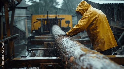 A worker in a yellow raincoat manually handling a large log on a sawmill during a heavy rain.