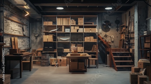 Interior of a dimly lit storage room filled with numerous boxes and assorted furniture.