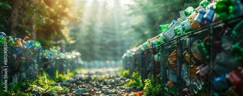 View of pile empty plastic bottles on the blurred background of forest. Environmental protection concept.