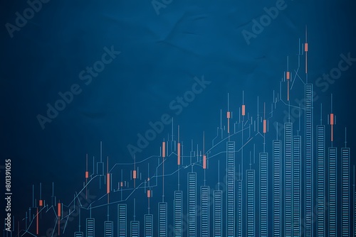 Stock market chart with upward trend lines and candlestick patterns on deep blue background