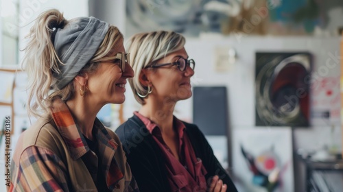Two middle-aged women with stylish glasses and trendy headbands in an art gallery, smiling and enjoying art.