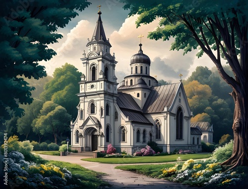 An illustration of a serene church surrounded by colorful nature evokes tranquility