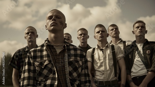 Dramatic image of a group of young bald men with intense expressions, standing under a cloudy sky.