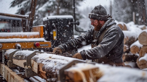 A bearded lumberjack manually adjusting logs on a snowy day, with heavy machinery in the background.