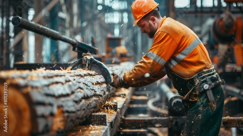 A male worker in orange safety gear using a large saw to cut a log in a busy industrial sawmill.
