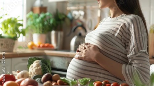 Expectant mother holding her belly in a cozy kitchen. Promotes healthy eating during pregnancy