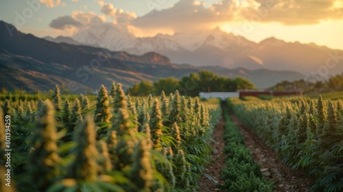 Picturesque mountains serve as the backdrop for a flourishing cannabis plantation, showcasing the harmonious coexistence of nature and cultivation.